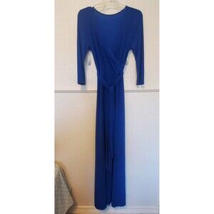 Janette Fashion Fake Wrap Blue Faux Wrap Jersey Knit Maxi Dress 3/4 Sleeve Med